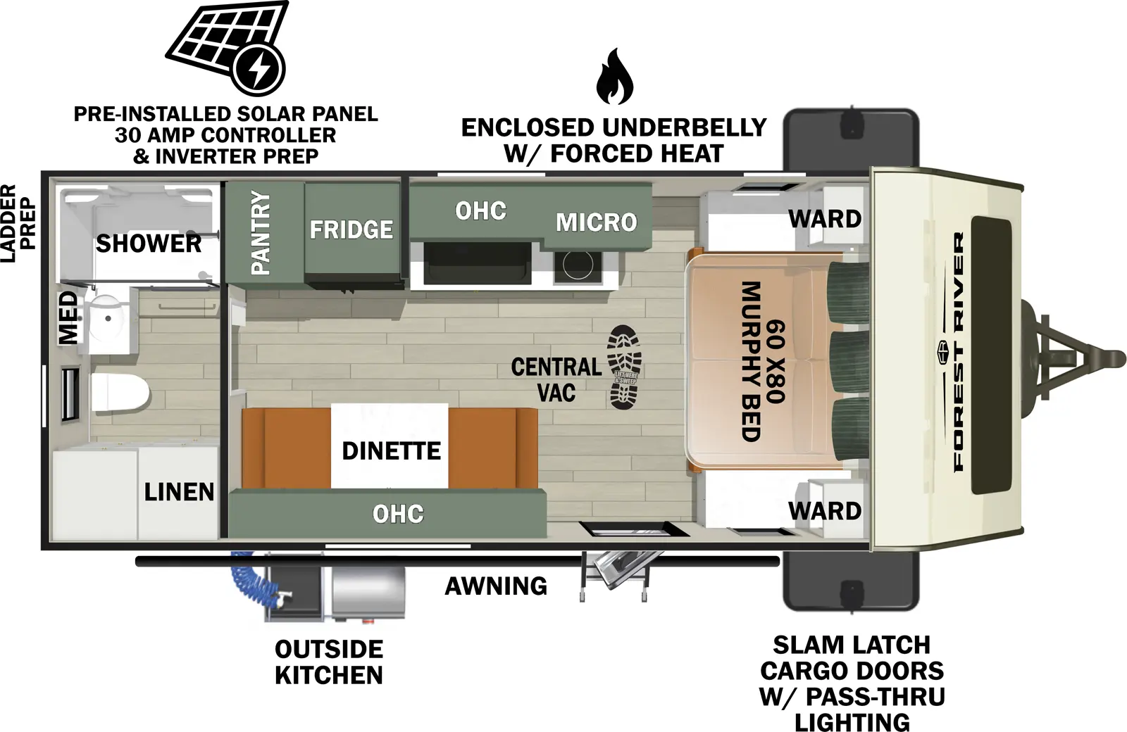 The No Boundaries NB19.2 has one entry and zero slide outs. Exterior features include: fiberglass exterior. Interiors features include: murphy bed and rear bathroom.